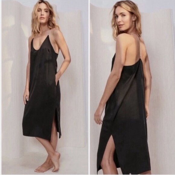 lunya Other - LUNYA Black Washable Silk Nightgown Dress Slit T-Strap in Black & Otium S $198